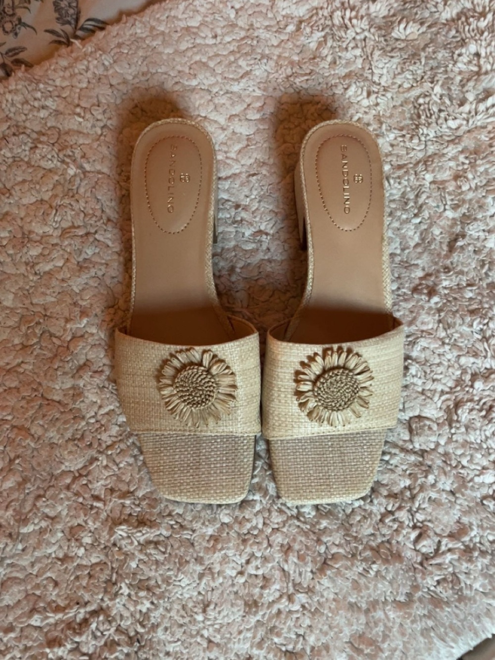 Franco Sarto Natural Raffia Slide Wedges with Sunflower Accent